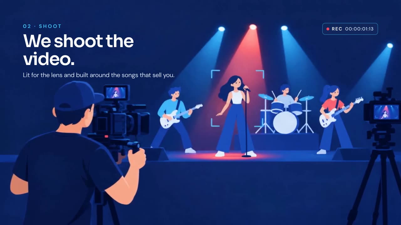 A cartoon camera operator filming a band on stage, from the Showmark explainer